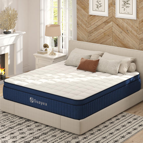 Queen Mattress, 14 Inch Queen Size Mattress in a Box, Hybrid Mattress Queen Size, Ultimate Motion Isolation with Gel Memory Foam and Pocket Spring, Medium Firm, Edge Support SUAYEA