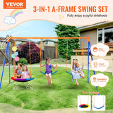 VEVOR Swing Sets for Backyard, with 1 Saucer Swing Seat, 2 Belt Swing Seats, 600lbs Load Capacity Swing Set, Heavy Duty A-Frame Metal Swing Stand and Adjustable Rope, Swingset Outdoor for Kids VEVOR