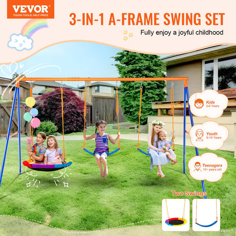 VEVOR Swing Sets for Backyard, with 1 Saucer Swing Seat, 2 Belt Swing Seats, 600lbs Load Capacity Swing Set, Heavy Duty A-Frame Metal Swing Stand and Adjustable Rope, Swingset Outdoor for Kids VEVOR