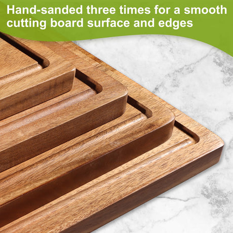 Wood Cutting Boards for Kitchen, Large Cutting Board Set of 4, Wooden Cutting Boards with Juice Grooves, Chopping Board for Meat, Veggies, Easy Grip Handle (double 17x12, 12x9, 12x8 inch) Lelwoy