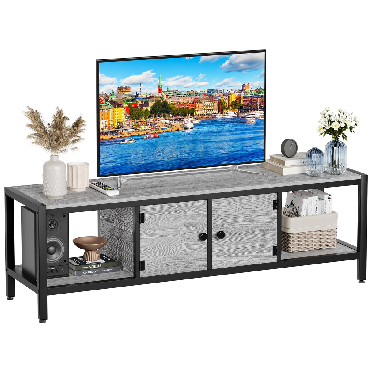GAOMON 65" TV Stand for TV up to 75 Inches, Large TV Console Table with 2 Closed Storage Spaces and Open Compartments, Wooden Entertainment Center with Adjustable Feet for Living Room, Bedroom, Grey GAOMON