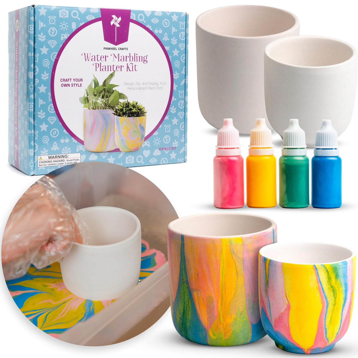 Pinwheel Crafts Water Marbling Paint Kit for Kids & Teens - Gift Art Kit for Kids 8-12+ with 2 Pots, Marble Paint and Tools - DIY Art Project for Girls & Boys to Create Your Own Planter Pot Design Pinwheel Crafts