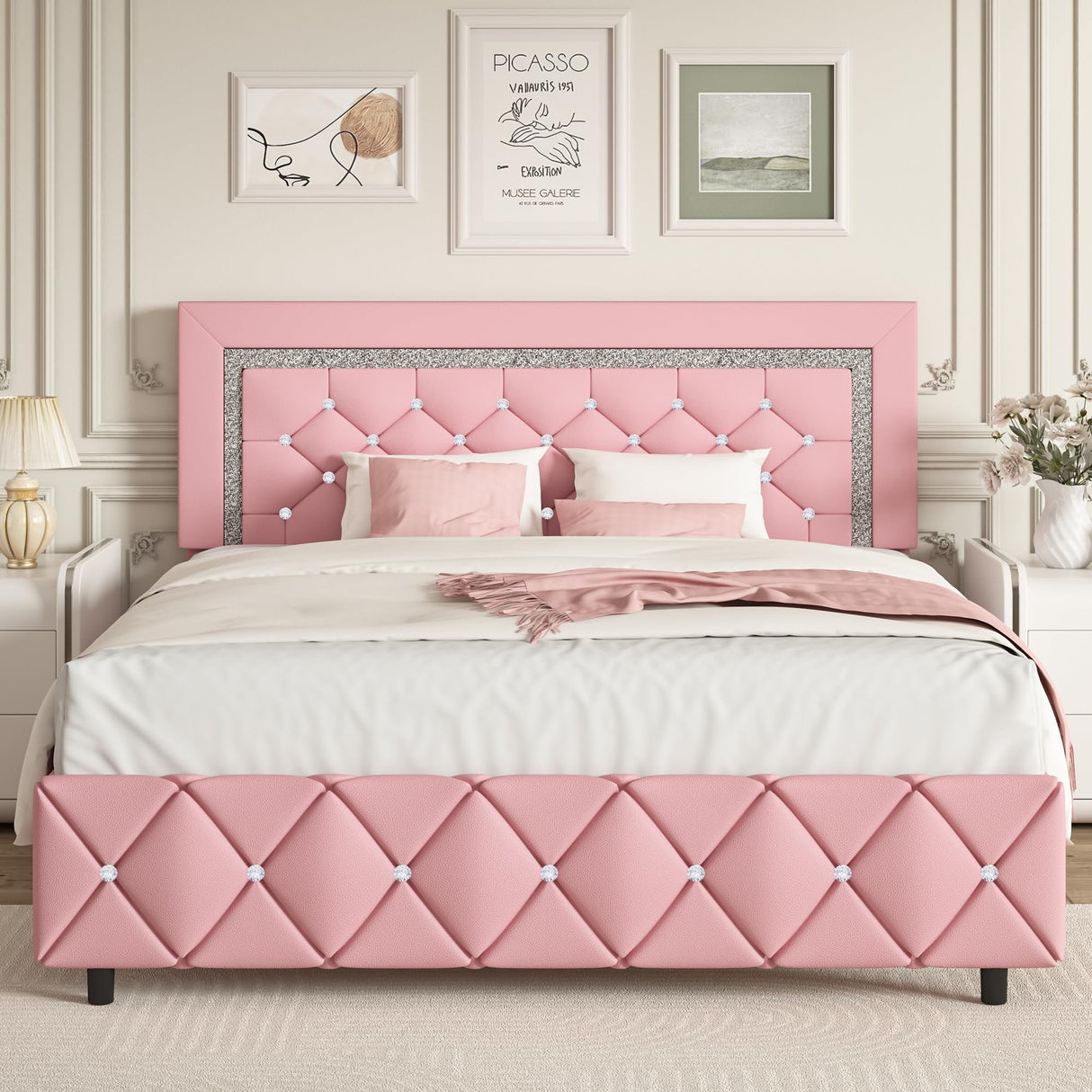 Full Size Bed Frame, Upholstered Platform Bed with Button Tufted Headboard, Princess Bed Frame with Diamond Design, No Box Spring Required, Easy Assembly, Pink BarnFurin