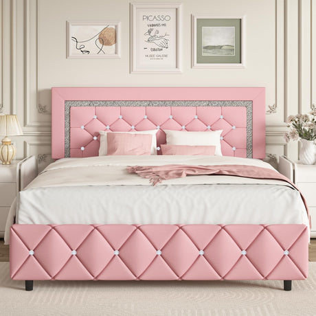 Full Size Bed Frame, Upholstered Platform Bed with Button Tufted Headboard, Princess Bed Frame with Diamond Design, No Box Spring Required, Easy Assembly, Pink BarnFurin