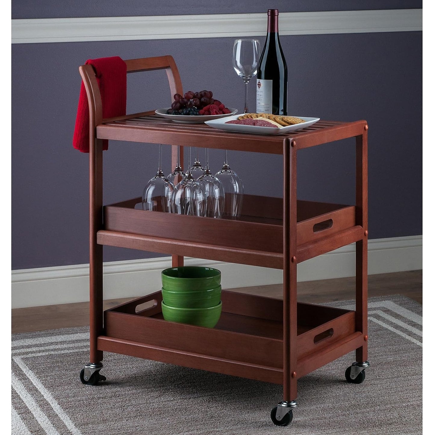 Winsome 3-Shelf Wood Mobile Serving Cart with Lockable Wheels, Walnut (94138)