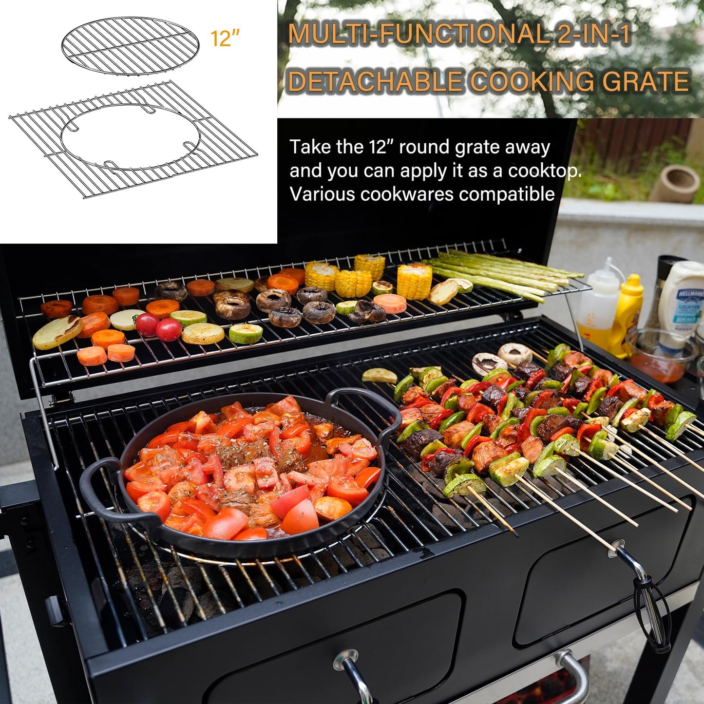 Onlyfire Extra Large BBQ Charcoal Grill with Large Cooking Grate and Warming Rack, Outdoor Barbecue Grill with Dual-Zone Adjustable Charcoal Tray and 2 Foldable Side Table, Black GS339-A