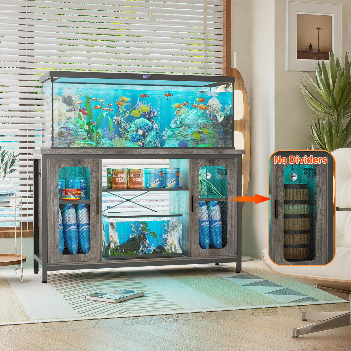 Unikito Reptile Tank Stand Fish Tank Stand with Power Outlets & LED Light, 55-75 Gallon Reversible Terrarium Stand with Cabinet, Metal Aquarium Stand for Reptile Terrarium, Turtle Tank, Black Oak Unikito