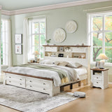 T4TREAM Farmhouse King Size Bed Frame with 54" Tall Headboard, Wood Platform Bed Frame with 18" Tall Roman Column Decoration Footboard & 2 Large Storage Drawers, No Box Spring Needed(Antique White) T4TREAM