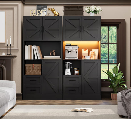 Frmobepts Kitchen Pantry Storage Cabinet with LED Lights and Power Strip, Tall Farmhouse Kitchen Pantry with Barn Doors and Drawers, Adjustable Shelves for Dining Living Room (Black) Frmobepts