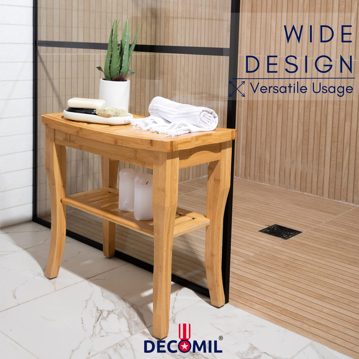DECOMIL - Bamboo Shower Bench 19”, Bathroom Shower Chair with Storage Shelf | Nonslip Feet & Waterproof Bathing Bench | Perfect for Indoor and Outdoor USe DECOMIL