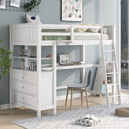 Twin Size Loft Bed with Desk and Storage by Harper & Bright Designs - Solid Wood Frame in White - WoodArtSupply