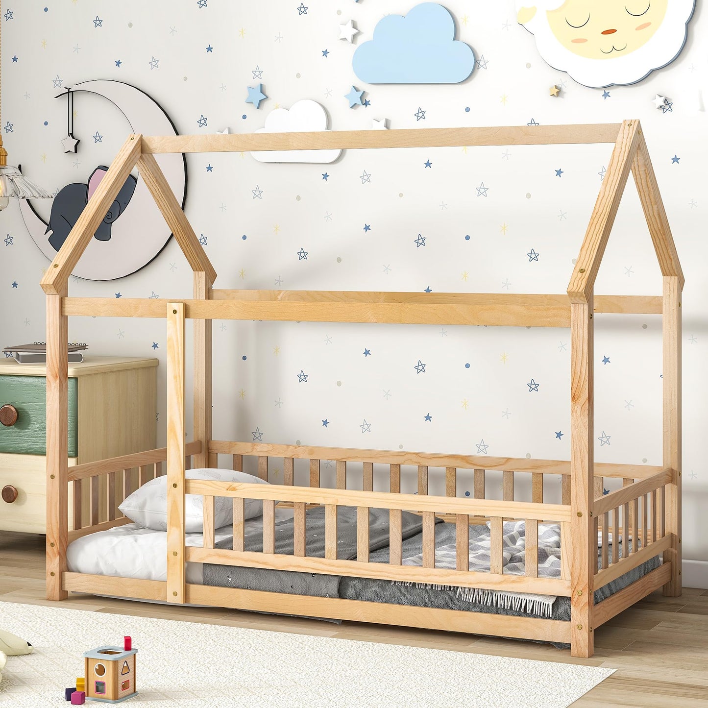 Brafab Twin Size Montessori Floor Bed with House Roof and Safety Guardrails in Natural Pine - WoodArtSupply