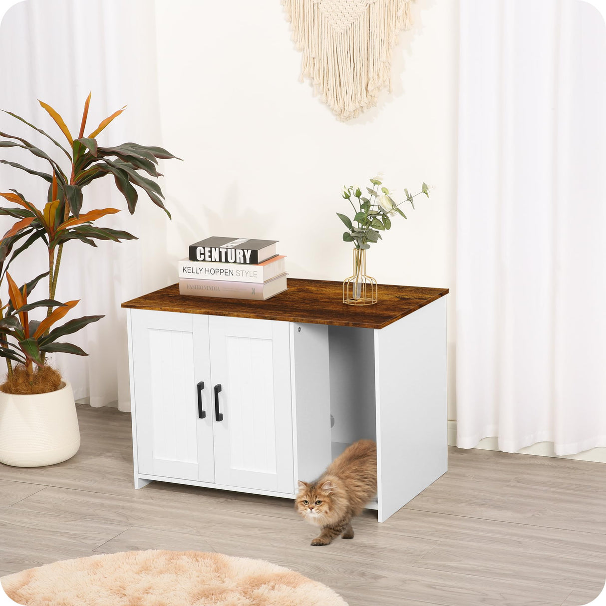 DWANTON Litter Box Enclosure, Cat Litter Box Furniture Hidden, with Scratching Mat, Wooden Cat Washroom Indoor, Fit Most of Litter Box, 31.5" L x 19.7" W x 21.7" H, White+Rustic Brown Dwanton