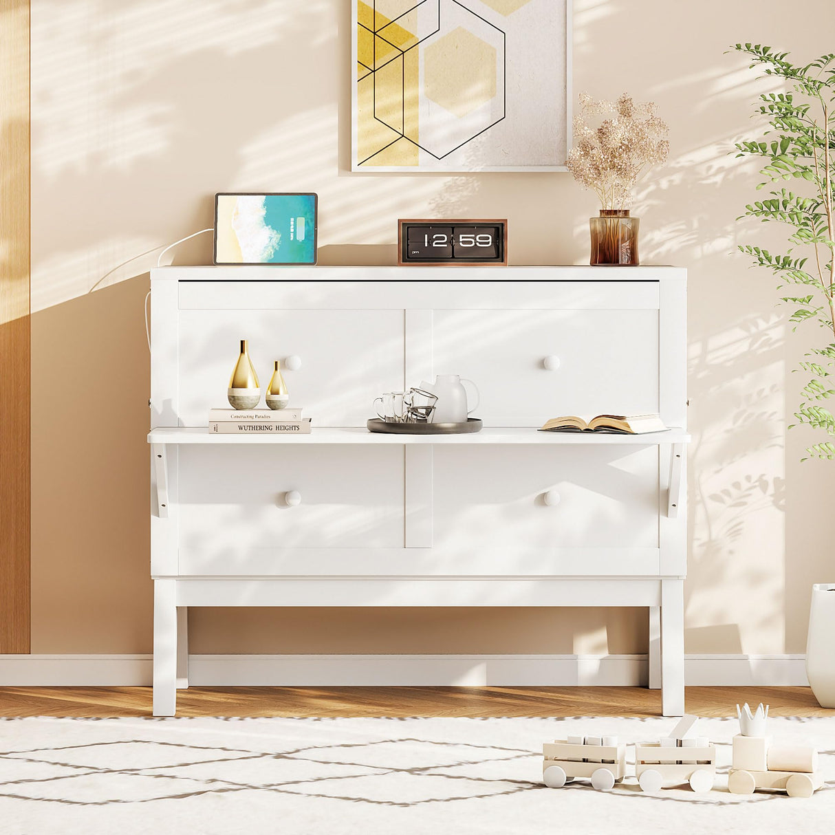 Merax Full Size Murphy Bed, Bed with USB Port and Removable Shelves on Each Side,White Merax