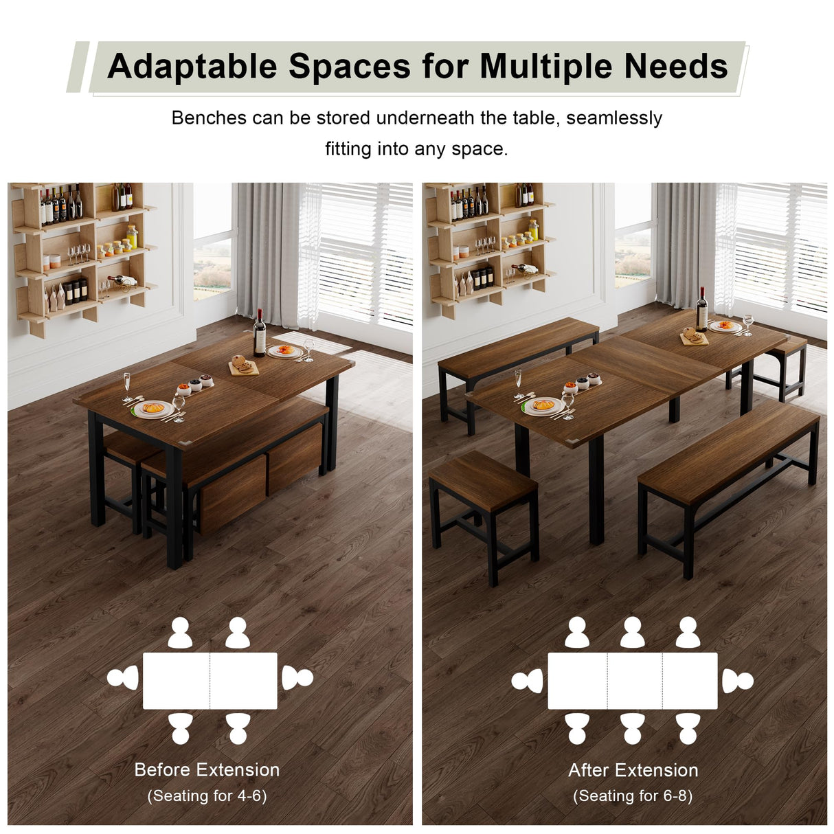 Feonase 5-Piece Dining Table Set for 4-8 People, 63" Extendable Kitchen Table with 2 Benches and 2 Square Stools, Mid-Century Modern Wooden Dining Room Table, Space-Saving, Walnut Feonase