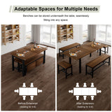 Feonase 5-Piece Dining Table Set for 4-8 People, 63" Extendable Kitchen Table with 2 Benches and 2 Square Stools, Mid-Century Modern Wooden Dining Room Table, Space-Saving, Walnut Feonase