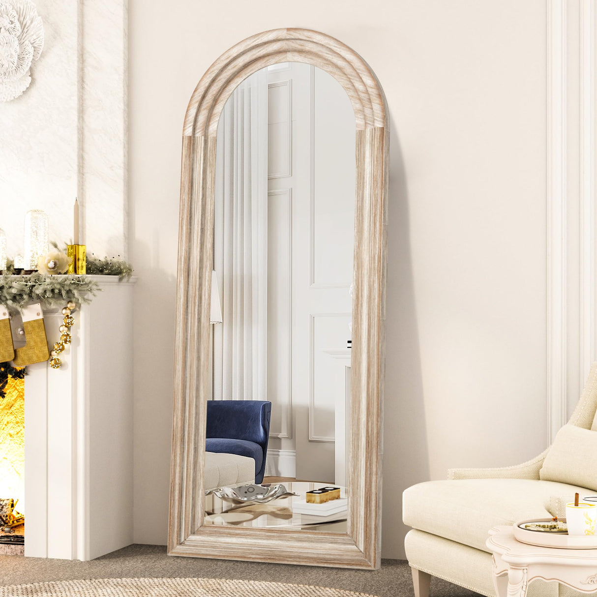 CASSILANDO Full Length Mirror Arched 65"x24" Wood Wall Full Length Distressed Large Floor Mirror for Living Room, Bedroom, Entrance.（Weathering White） CASSILANDO