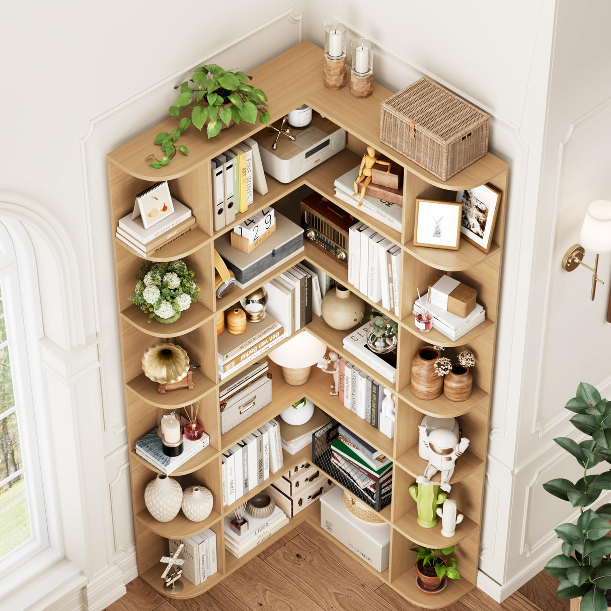FOTOSOK 74” Tall Corner Bookshelf, 6-Tier Bookshelf and Bookcase with Open Storage, Tall Bookcases Wooden Storage Shelves for Home Office, Thickened Boards for Better Load Bearing, Natural FOTOSOK