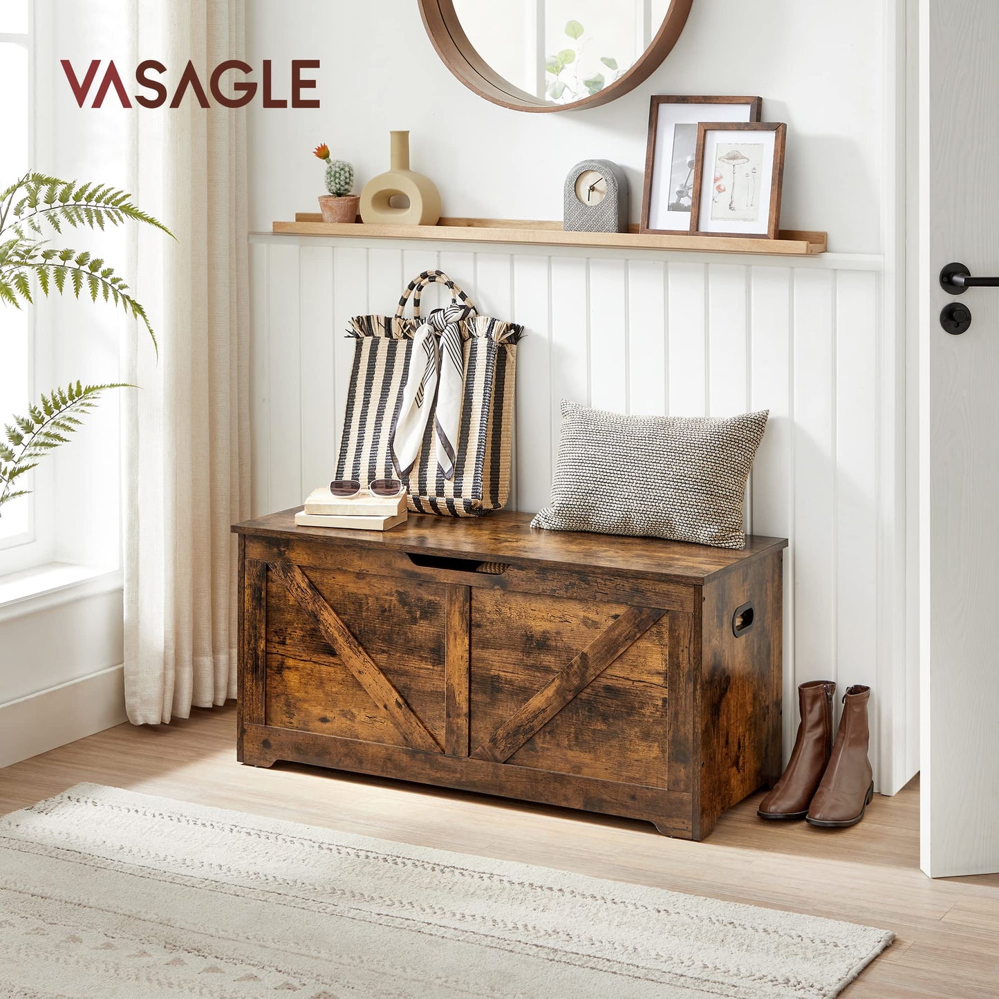 VASAGLE Storage Chest, Storage Trunk with 2 Safety Hinges, Storage Bench, Shoe Bench, Barn Style, 15.7 x 39.4 x 18.1 Inches, for Entryway, Bedroom, Living Room, Rustic Brown ULSB060T01