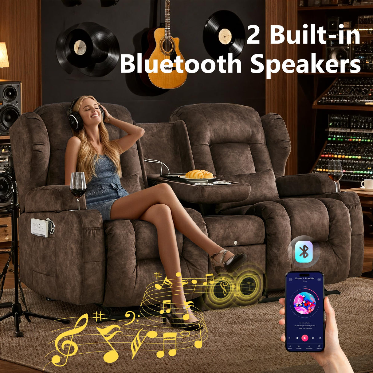 URRED Loveseat Rocker Recliner Sofa with Console, Manual Reclining Loveseat RV Couch Double Rocking Chair Nursery with Cup Holders, Side Pocket, Bluetooth Speaker, USB, Outlets (Brown) URRED