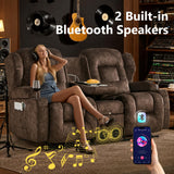 URRED Loveseat Rocker Recliner Sofa with Console, Manual Reclining Loveseat RV Couch Double Rocking Chair Nursery with Cup Holders, Side Pocket, Bluetooth Speaker, USB, Outlets (Brown) URRED