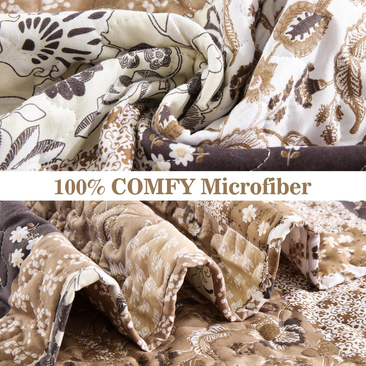 Menghomeus Brown Quilt Set King Boho Patchwork Bedspread Floral Coverlet Reversible Bed Quilt Set All Season Soft Microfiber Bedding Farmhouse Bed Sets, 104"x90" Menghomeus