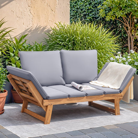 Devoko Outdoor Couch Acacia Wood Patio Couch with Adjustable Armrests,Outdoor Convertible Sofa with Removable Cushions&Pillows for Patio, Porch, Poolside(Grey) Devoko