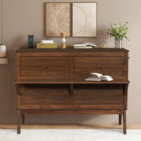 LUMISOL Queen Size Murphy Cabinet Bed, Solid Wood Folding Bed Frame with USB Port and Removable Shelves on Each Side for Home Office, Guest Room, Walnut LUMISOL