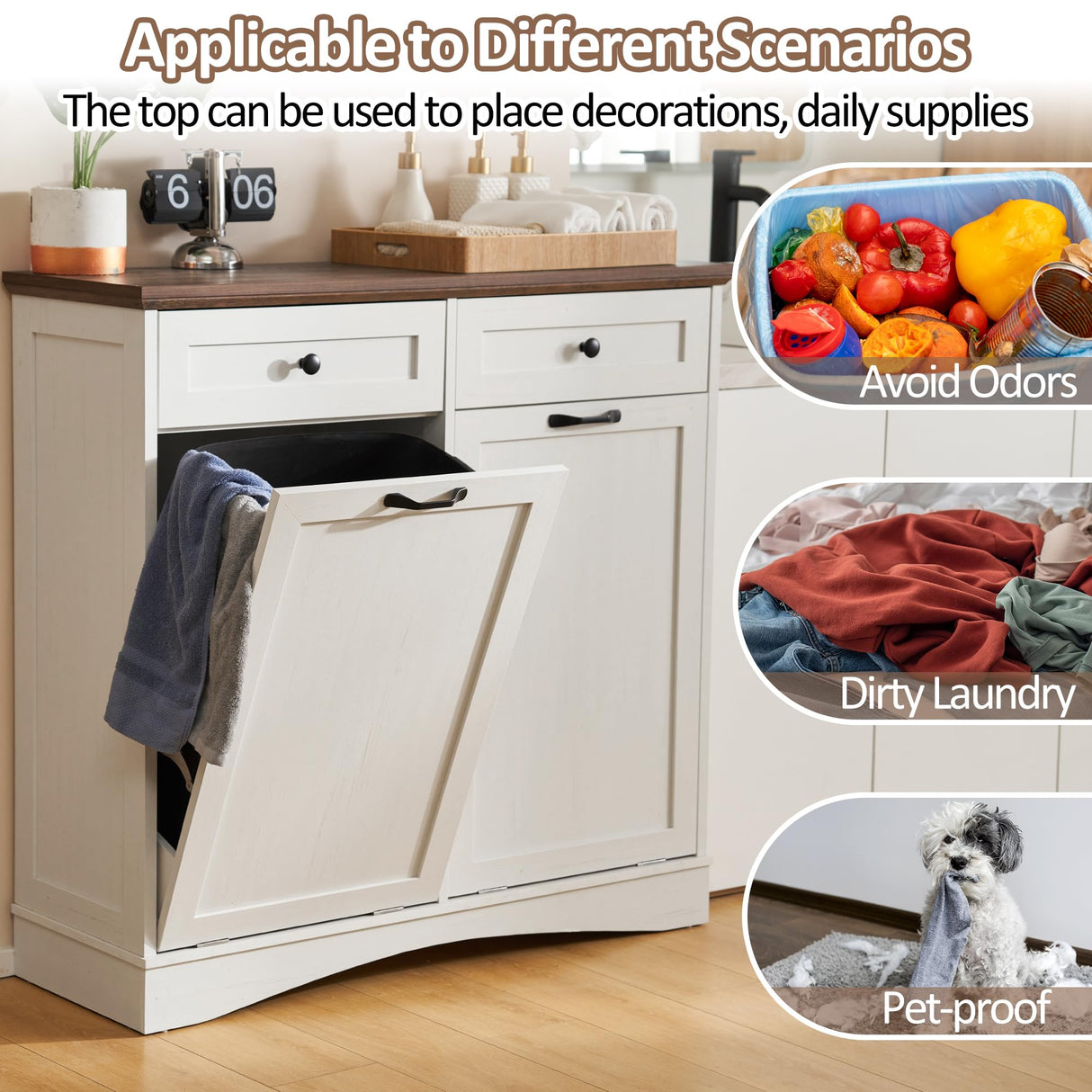 OUTGUAVA Double Tilt Out Trash Cabinet Kitchen Trash Bin Cabinet Recycling Trash Cabinet with Hideaway Drawers, 2x13 Gallons Pet Proof Trash Can Cabinet for Kitchen Living Room, Vintage White OUTGUAVA