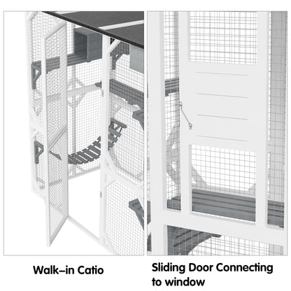 Large Wooden Catio, Outdoor Cat Enclosures for Multi Cats, 3-Tier Cat House with Swing, Resting Box, Cat Ball, Walk-in Cat Condo with Waterproof Roof, 64.9" L x 33.9" W x 69.6" H