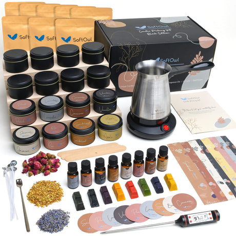 SoftOwl Premium Soy Candle Making Kit - Black Edition - Full Set with Electric Melter - Soy Wax, Big 16 Tins, 8 Pleasant Scents, 8x2 Color Dyes & More - Perfect as Home Decorations SoftOwl