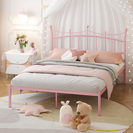 Weehom Full Size Bed Frame with Headboard, Metal Platform Bed for Kids Adults Easy Assembly Under Bed Storage Space Heavy Duty Steel Slat Support No Box Spring Needed, Pink Weehom
