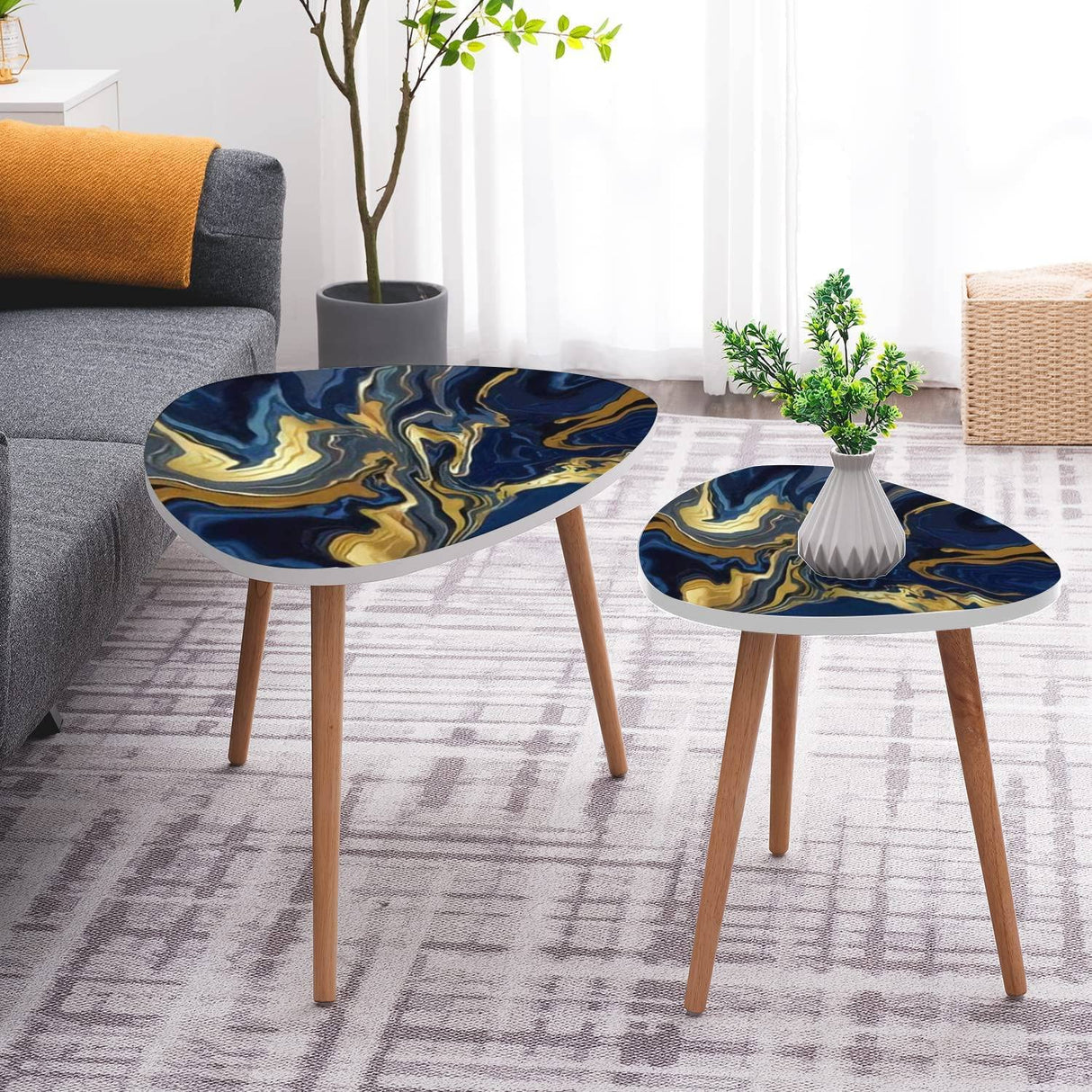 DQWIJAKX91 Small Coffee Nesting Table Luxury Blue Marble Gold Abstract Texture Indigo Ocean Blue marbling Modern Minimalist Side Table Triangle End Tea Table Center Table Set of 2Living Room Bedroom DQWIJAKX91