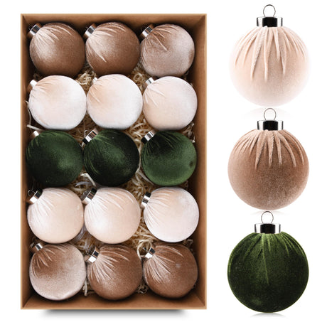 Christmas Tree Ornaments Velvet Balls - Pack of 15pcs Shatterproof Xmas Bulbs Decorations Set - Multicolor Green Brown Neutral, 80mm 3.15 inch VTYEPOU