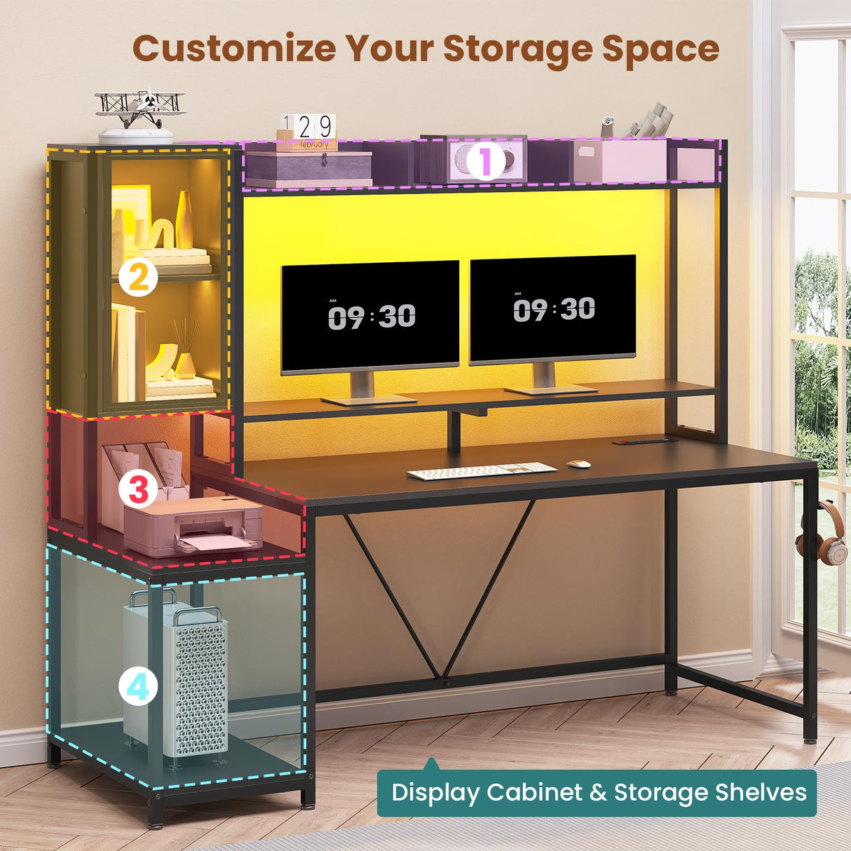 SEDETA Gaming Desk, 60'' Gaming Desk with Hutch and LED Lights, Computer Desk with Storage Shelves, Large PC Gamer Desk with Display Cabinet, Monitor Stand, Power Outlet for Home Office, Black SEDETA