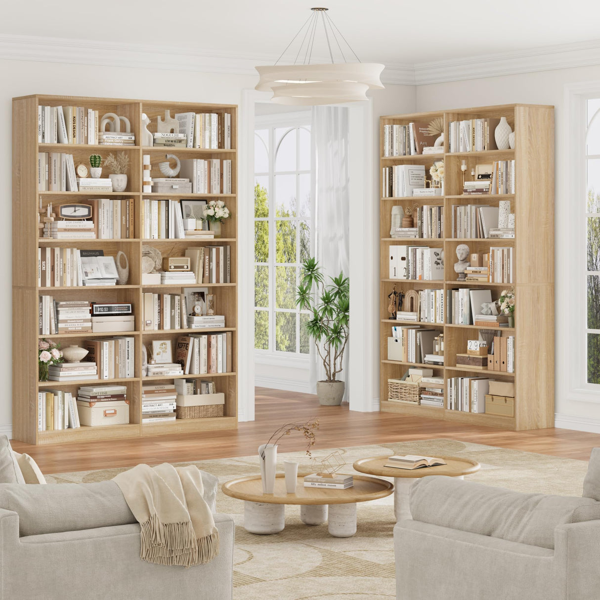 FACBOTALL 83.6" Tall Bookshelf and Bookcase, 7-Tier Extra Large Bookshelf with Double Storage, 14 Open Display Shelves for Home Office, Study and Living Room, Light Oak FACBOTALL