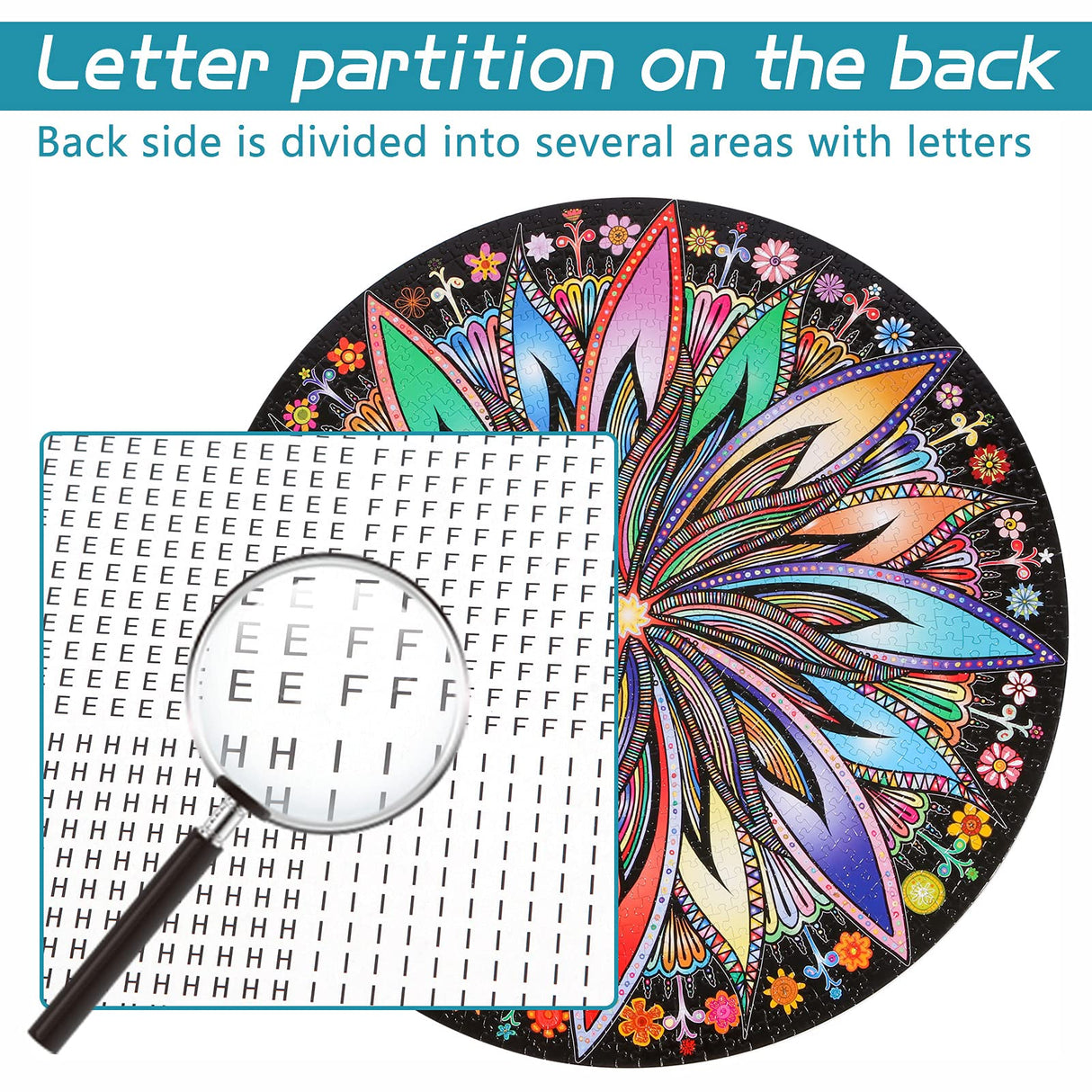 Bgraamiens Puzzle-Blooming Flowers-1000 Pieces Creative Geometric Round Blue Board Colorful Mandala Jigsaw Puzzle Bgraamiens