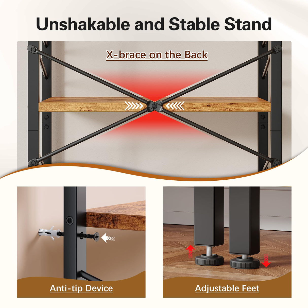 DurayLoly 4 Tier Bookshelf, Industrial Bookcase with Metal Frame and Sidebars, Small Bookshelf for Bedroom, Home Office and Living Room, Rustic Brown DurayLoly