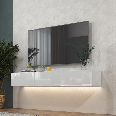 DMAITH Floating TV Stand with LED for 60 65 70in TV, Glossy Wall Mounted Modern Entertainment Center with 3 Drawers, White DMAITH