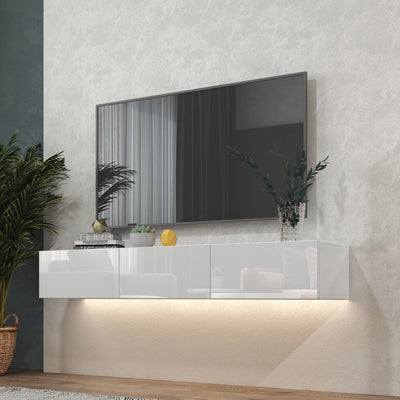 DMAITH Floating TV Stand with LED for 60 65 70in TV, Glossy Wall Mounted Modern Entertainment Center with 3 Drawers, White