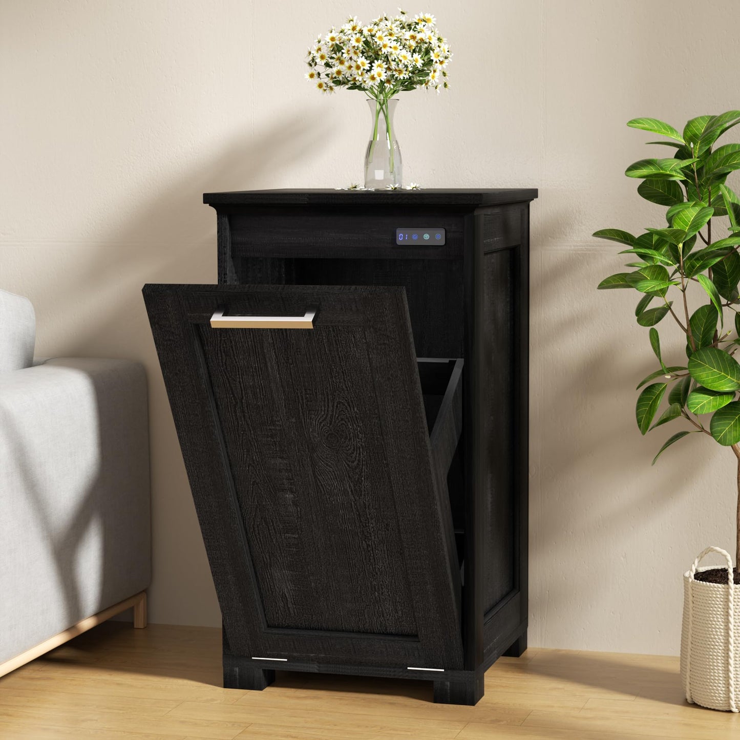 Smhxo Tilt Out Trash Cabinet, Wooden Freestanding Trash Cabinet with Deodorising Function, 10 Gallons Hidden Laundry Sorter Cabinet, Black