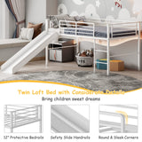 Giantex Twin Loft Bed with Slide, Metal Low Bunk Bed w/Safety Guardrails & Built-in Ladder, Toddler Bed Floor Frame for Boys & Girls, No Box Spring Needed (White) Giantex