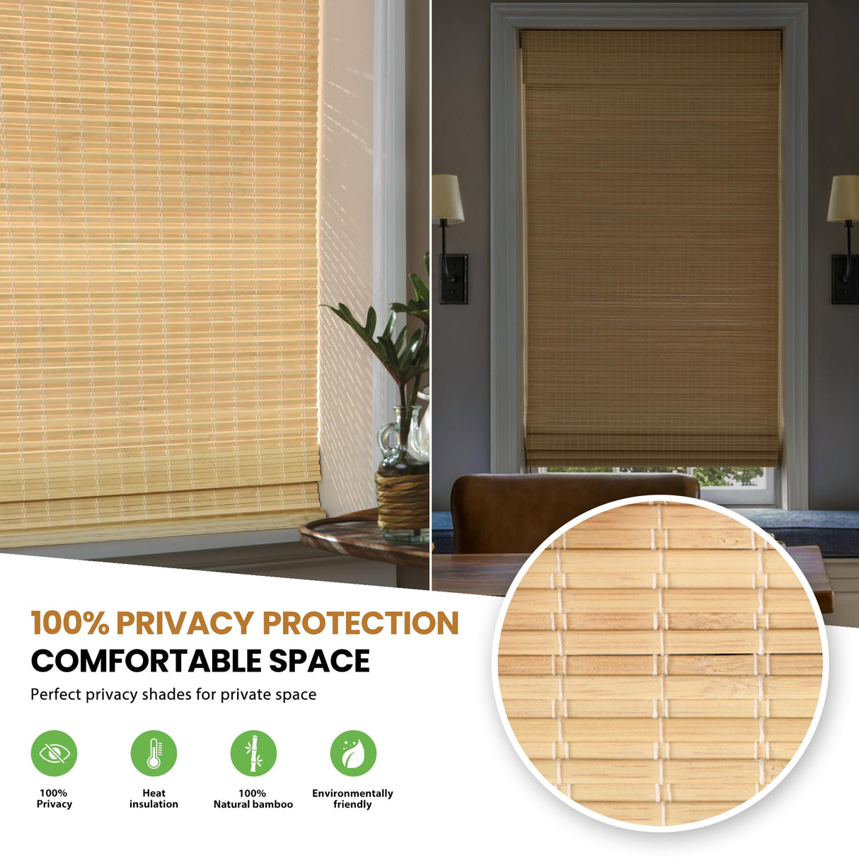 LazBlinds No Tools No Drill Cordless Bamboo Roman Shades, Privacy Room Darkening Window Treatment, Roll Up Bamboo Blinds for Window 32'' W x 64'' H, DP-Natural LazBlinds