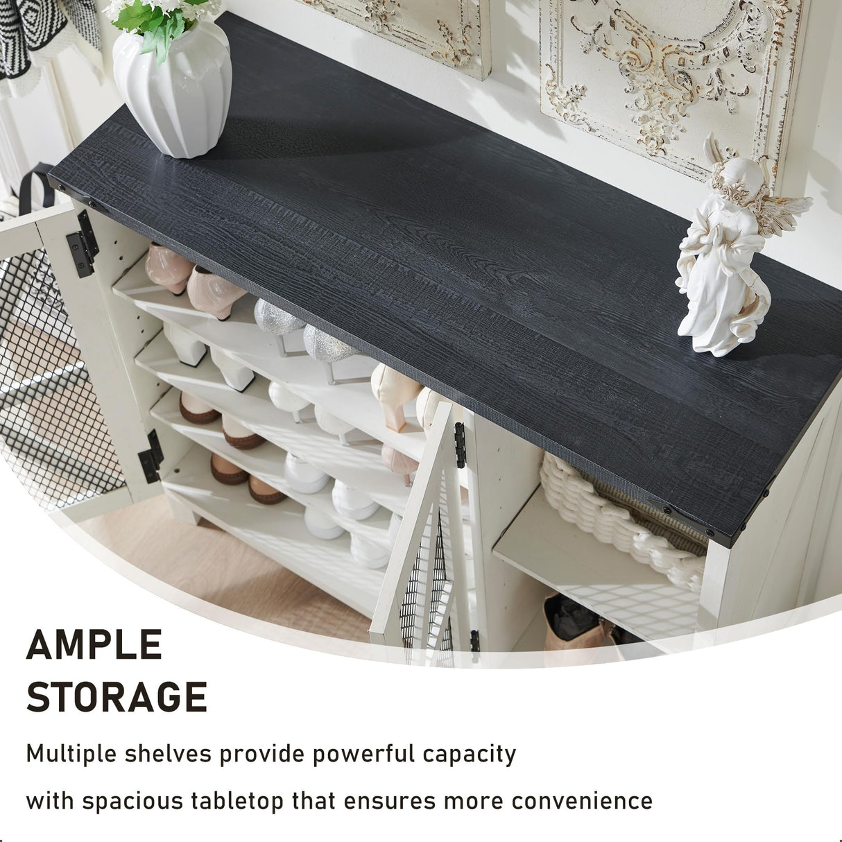 JXQTLINGMU Shoe Storage Cabinet, 38" Wide Farmhouse Shoe Cabinet with Mesh Doors and Adjustable Shelves, Rustic Wooden Shoe Organizer, Modern Large Shoe Cabinet Storage for Entryway, Off White JXQTLINGMU