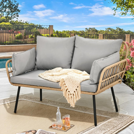 YITAHOME Patio Loveseat, All-Weather Wicker 2-Seat Sofa with Cushions & Lumbar Pillows, Outdoor Patio Furniture for Patio, Balcony, Backyard, Deck, Poolside - Grey YITAHOME