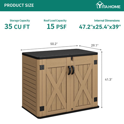 YITAHOME Outdoor Horizontal Storage Shed with X-Shaped Lockable Door, 35 Cu Ft Weather Resistant Resin Tool Shed w/o Shelf, Ideal for Bike, Trash Cans, Garden Tools, Lawn Mowers, Brown - WoodArtSupply