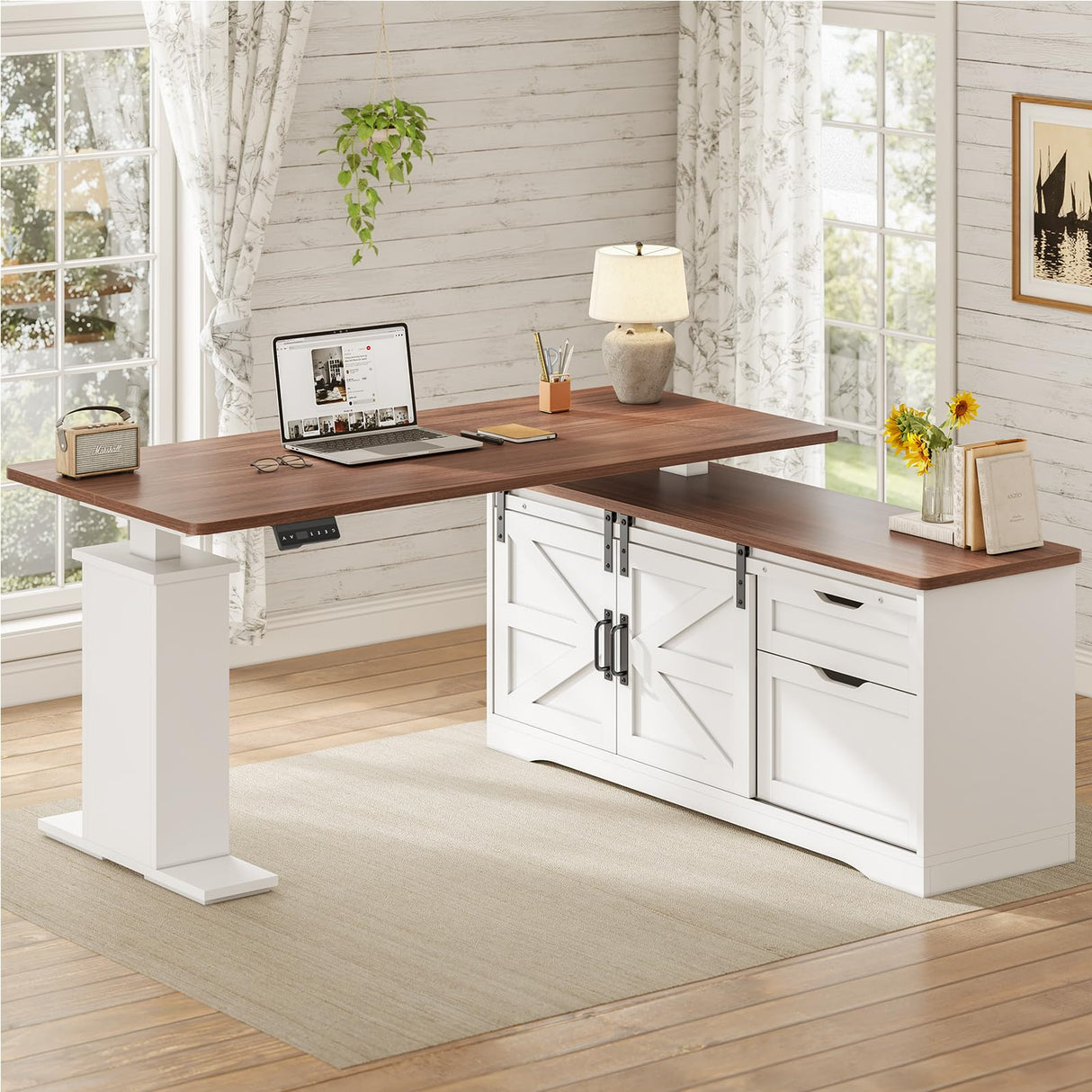 SEDETA Farmhouse L Shaped Standing Desk, 55 inch Height Adjustable Corner Desk with Storage Drawers, Standing Computer Desks with Power Outlets for Home Office, White SEDETA