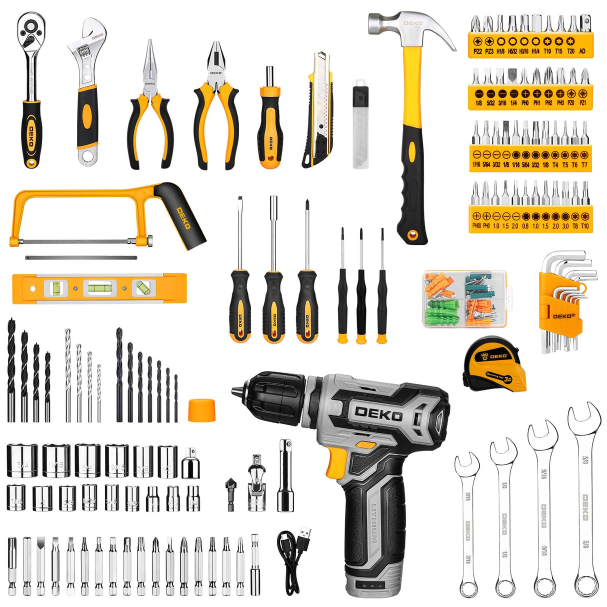 Tool Kit Box Drill Set：DEKOPRO Home Mechanic Toolbox with 12V Power Cordless Drill Hand Repair Tools Sets Combo Kits Storage Organizer Drawer Case for Men DEKOPRO