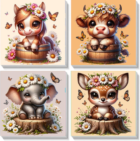 YarnWhimsy 4 Pack Paint by Numbers Kit for Kids with Frame- Animals Paint by Numbers for Kids Ages 4 8 12, Easy Elephants Horses Cows Deer DIY Acrylic Oil Painting Kits for Home Wall Decor(8X8inch) YarnWhimsy