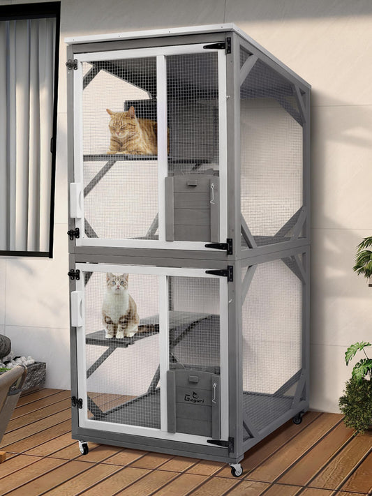 GEGURI Cat Catio Outdoor Cat Enclosure, Large Wooden Kitten Patio Indoor with Upgraded Resting Box, Waterproof Roof - WoodArtSupply